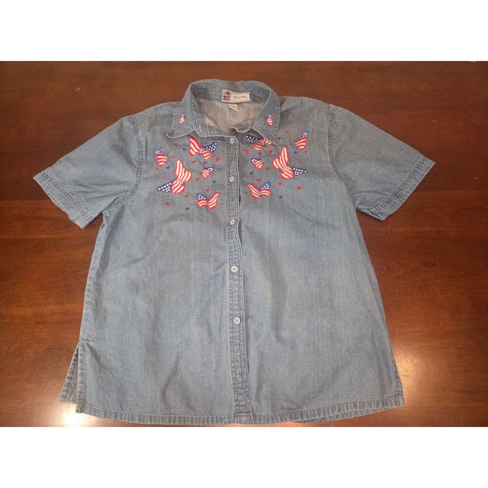 ​Vintage Passion-I Denim Shirt XL Womens Patriotic American Flag Butterfly